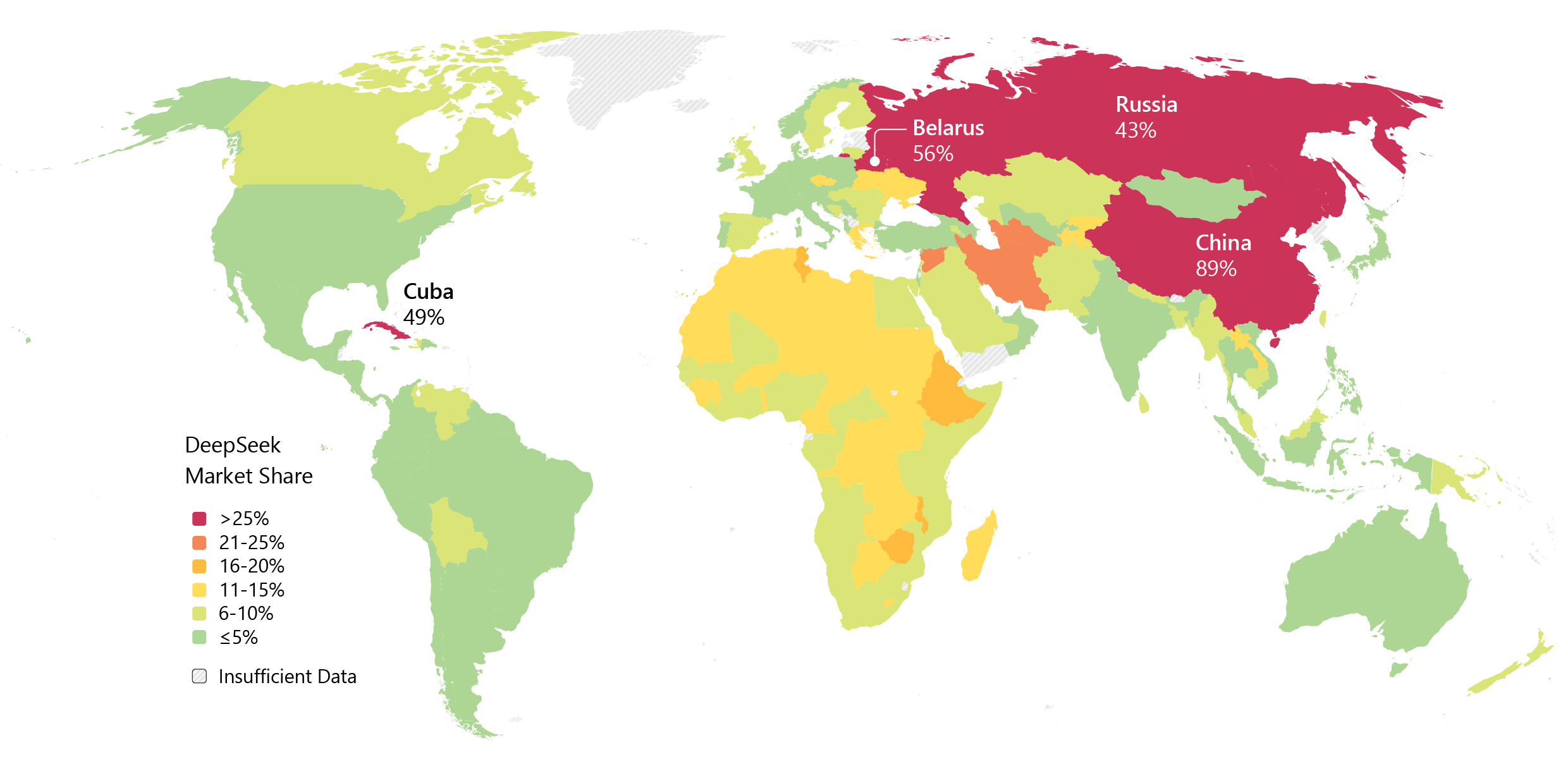 A world map showing the percentage of market share for DeepSeek by country