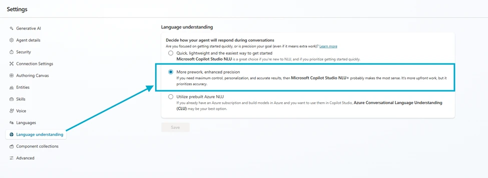 Microsoft Copilot Studio NLU+ Setting 