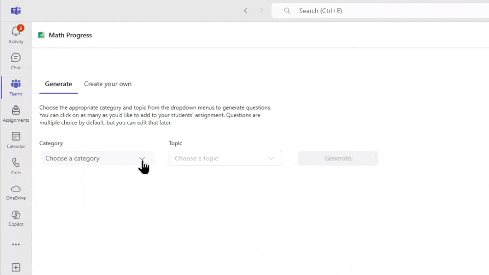 Educator view in Math Progress showing automatically generated questions for Algebra, Logarithmic and Exponential Equations.