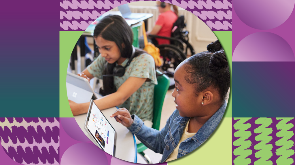 Two students using Reading Coach to read aloud in their classroom.
