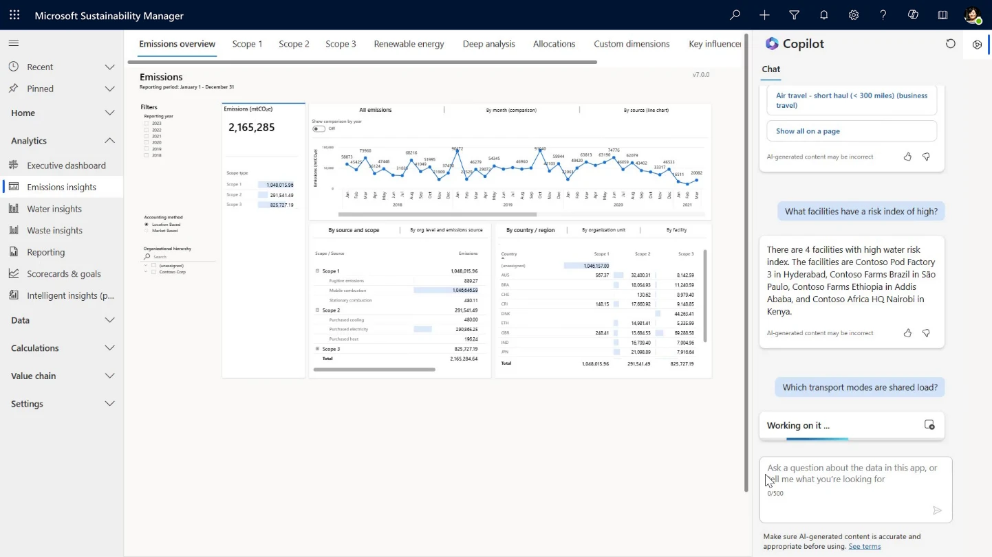 Screenshot showing data querying using Microsoft Copilot in Microsoft Sustainability Manager: A user asks Copilot to summarize their facilities’ water risk index against standards and to list details about transport modes.