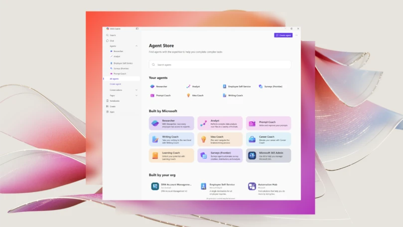 Agent Store UI on a stylized background.