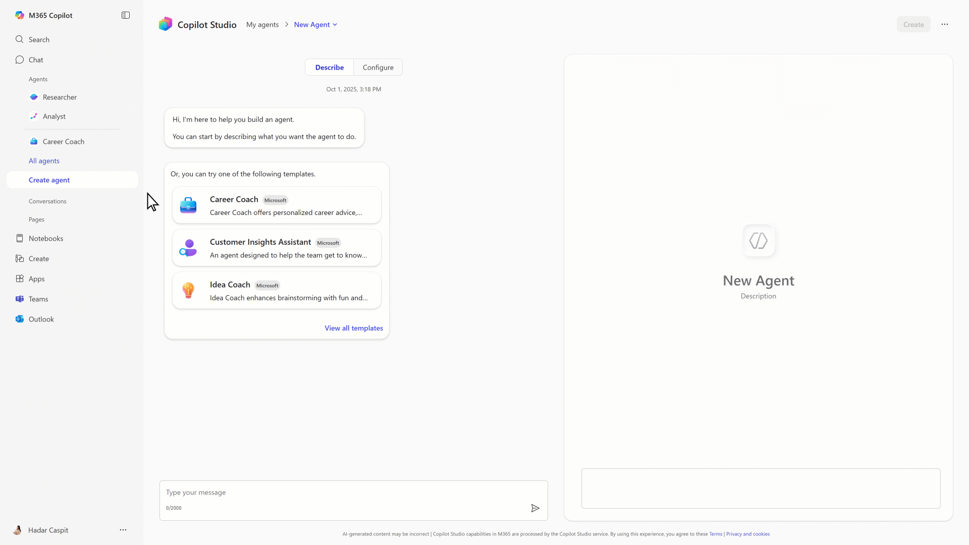 Microsoft Copilot Studio building an agent.