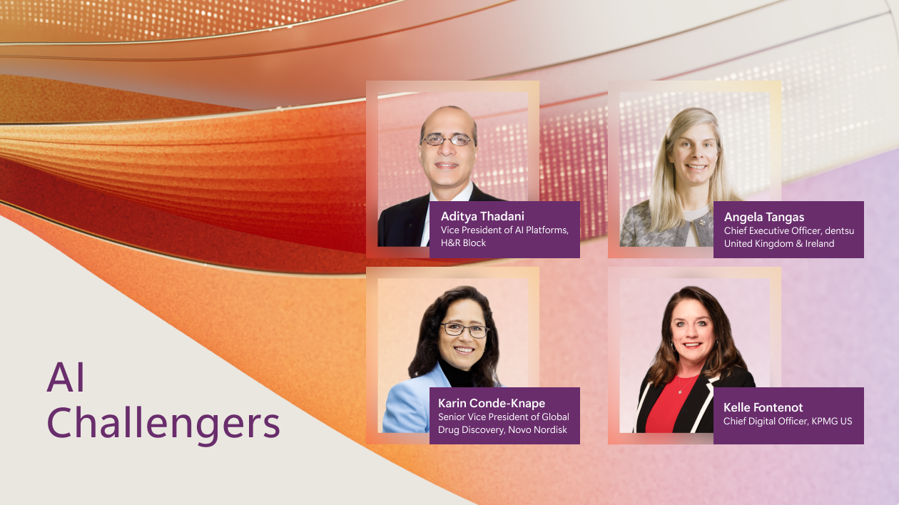 A decorative image that says AI Challengers and includes headshots of Aditya Thadani, Angela Tangas, Karin Conde-Knape, and Kelle Fontenot.