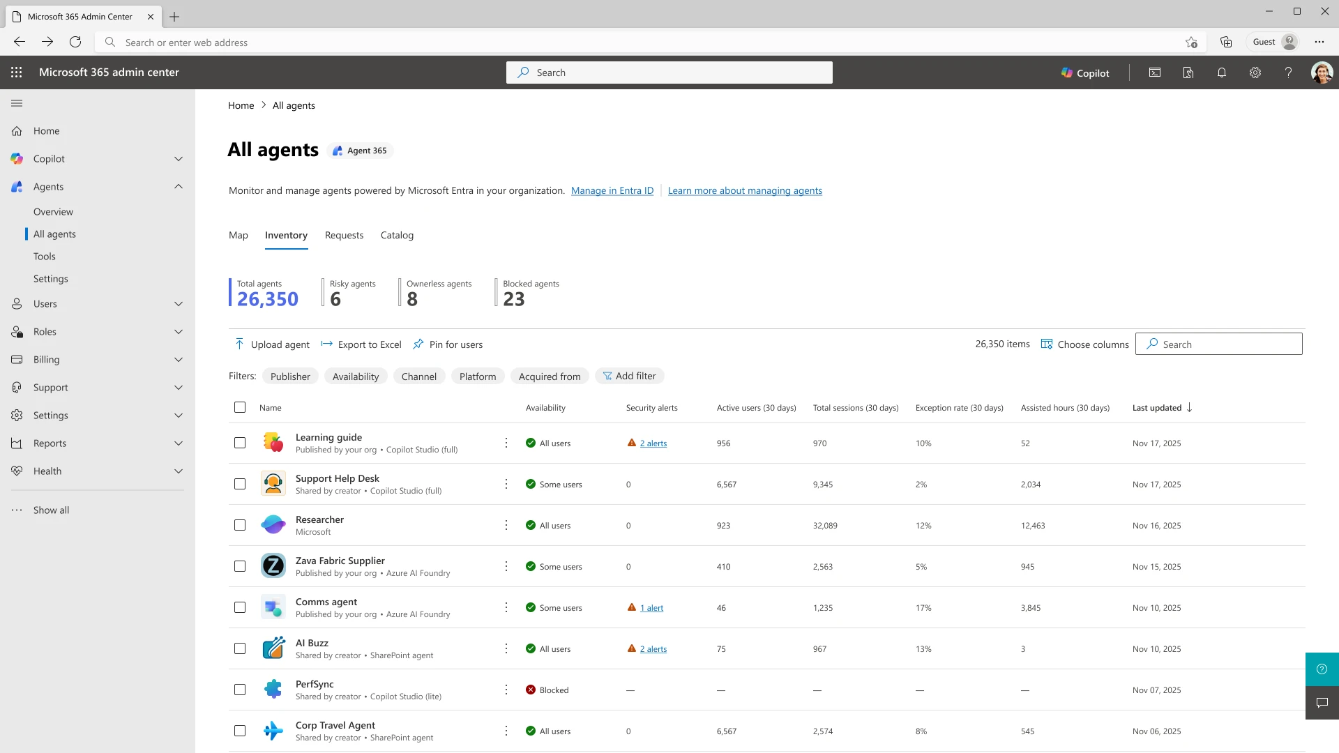 Microsoft 365 Admin Center shows the All Agents page for monitoring and managing 26,350 agents. The list includes availability, security alerts, active users, sessions, and exception rates, with options to upload or export agents.
