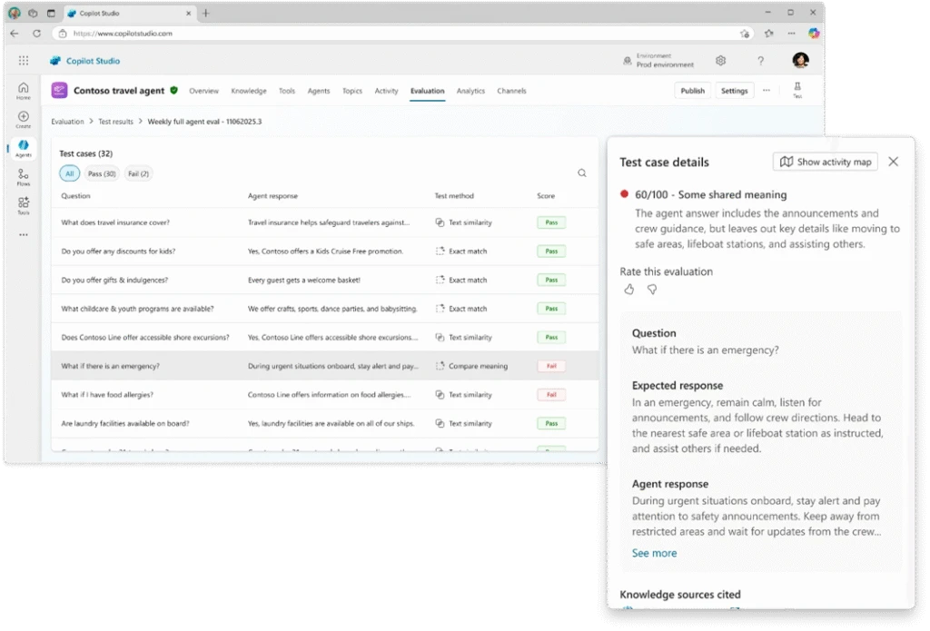 Scores of an agent’s test cases in the agent’s Evaluation tab in Microsoft Copilot Studio.