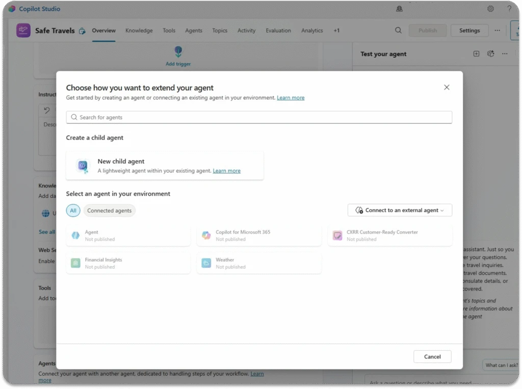 A Microsoft Copilot Studio agent setting in which you can add a new child agent or connect an existing one to the main agent.