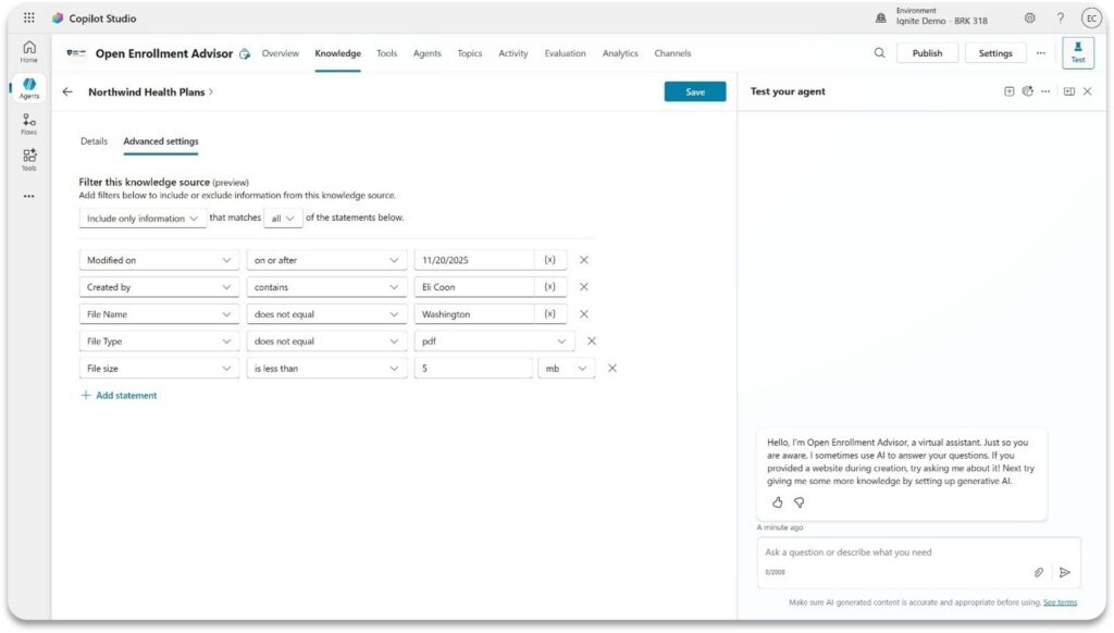 Screenshot showing how to filter a knowledge source by SP metadata inside a Copilot Studio agent