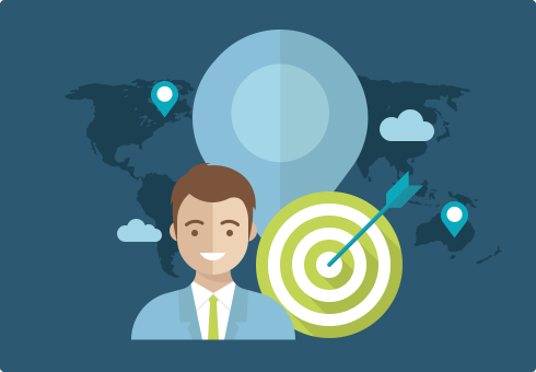 illustration of a world map, the bust of a man, and an arrow hitting the bullseye of a target