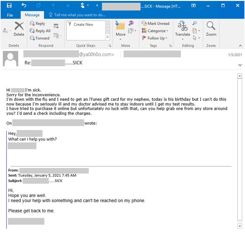 A sample BEC email targeting the education sector demanding a gift card purchase