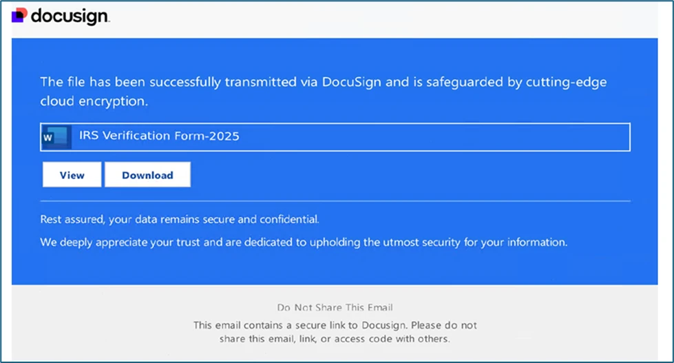 Screenshot of a fake DocuSign page that leads to a malicious PDF file.