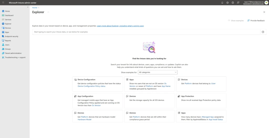 A screenshot of the Intune admin center with a new left navigation option to explore Intune data. Options for administrators to data across multiple workload categories such as Device compliance, apps, devices, app configuration and protection.