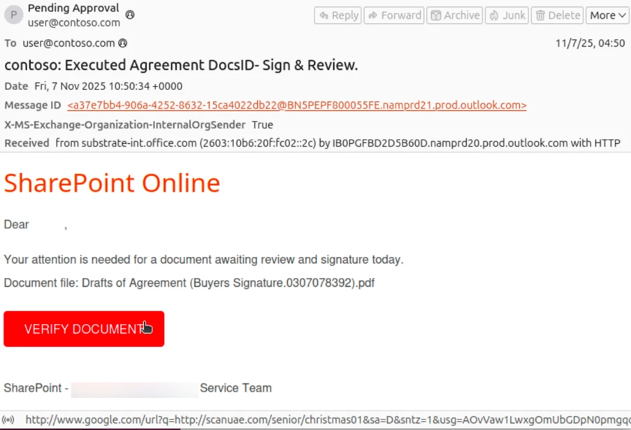 Phishing email impersonating SharePoint requesting the user to review and verify a shared document called Drafts of Agreement (Buyers Signature)
