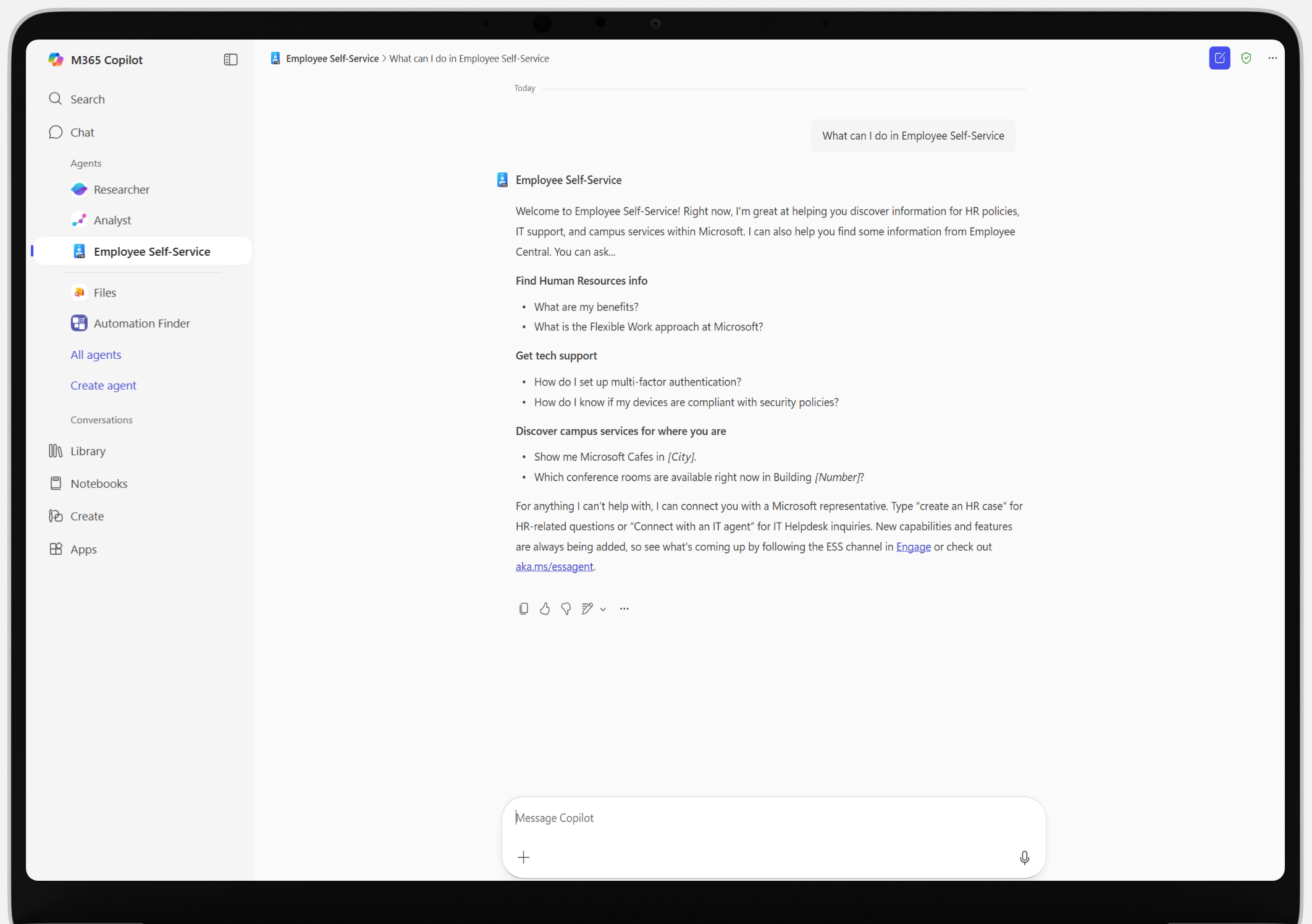 A screenshot from the Employee Self-Service Agent shows examples of how to get started.